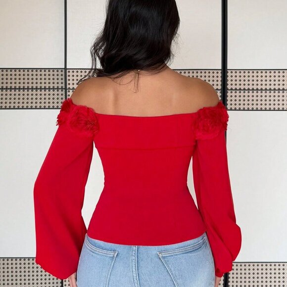 Red Casual Women's Elegant Fitted Off Shoulder Lantern Sleeve Blouse - Picture 2 of 6